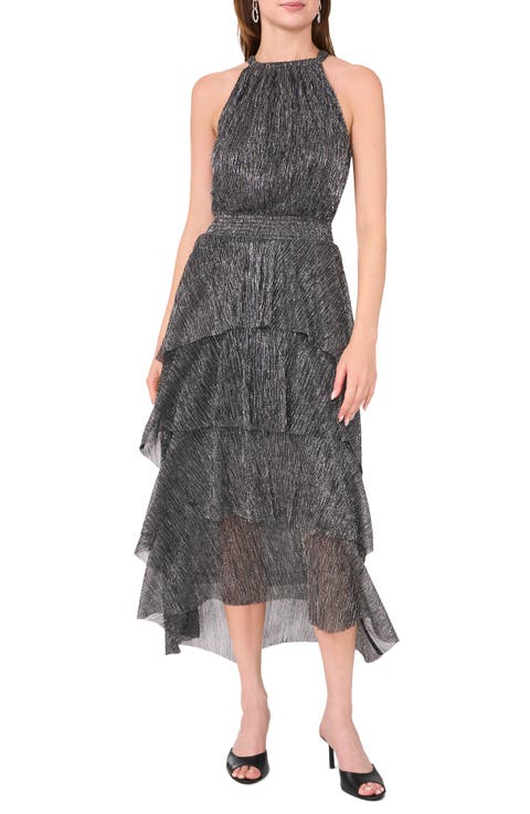 Metallic Plissé Tiered Midi Cocktail Dress