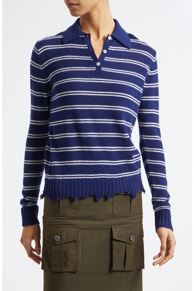 Deconstructed Stripe Wool Polo Sweater, Main, color, BLUE STRIPE