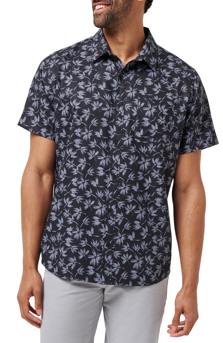 TravisMathew Coastal Trip Short Sleeve Button-Up Shirt, Main, color, Black