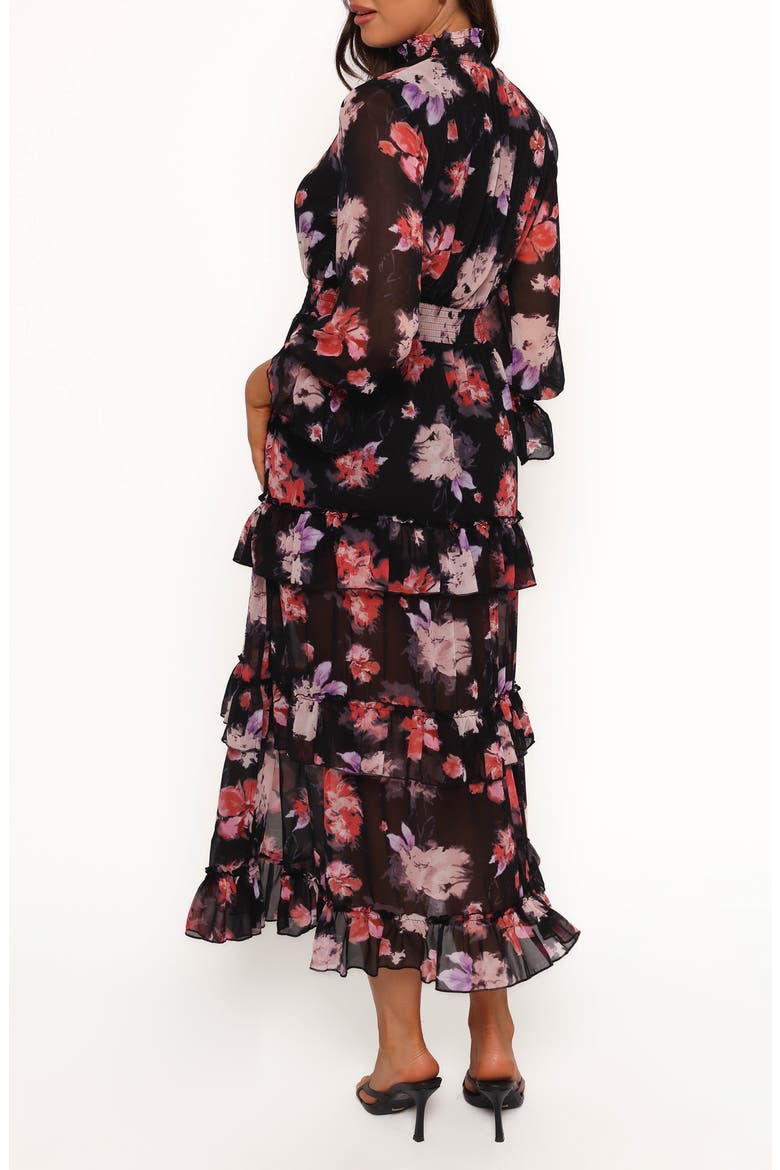 Isadora Floral Print Ruffle Long Sleeve Maxi Dress, Alternate, color, BLACK BLURRED FLORAL