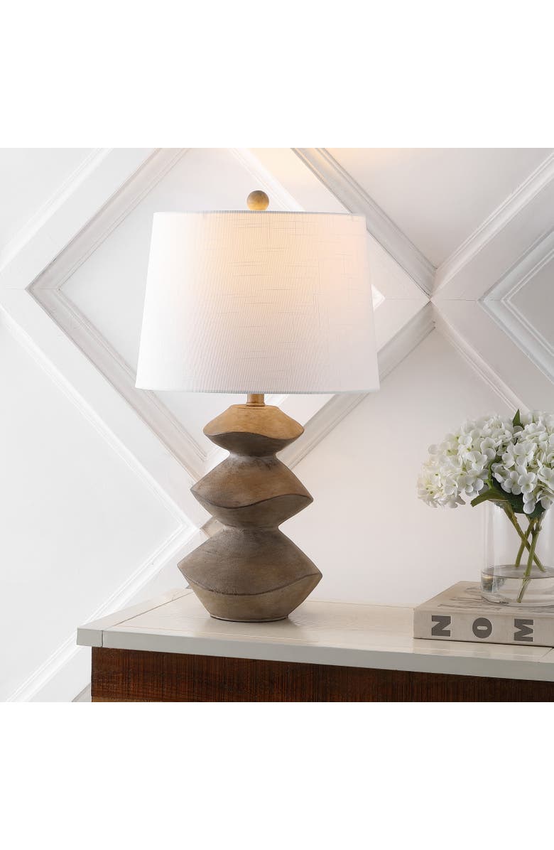 JONATHAN Y Laken Minimalist Coastal Resin/Iron 3-Stack Cairn LED Table Lamp, Main, color, Brown Wood Finish