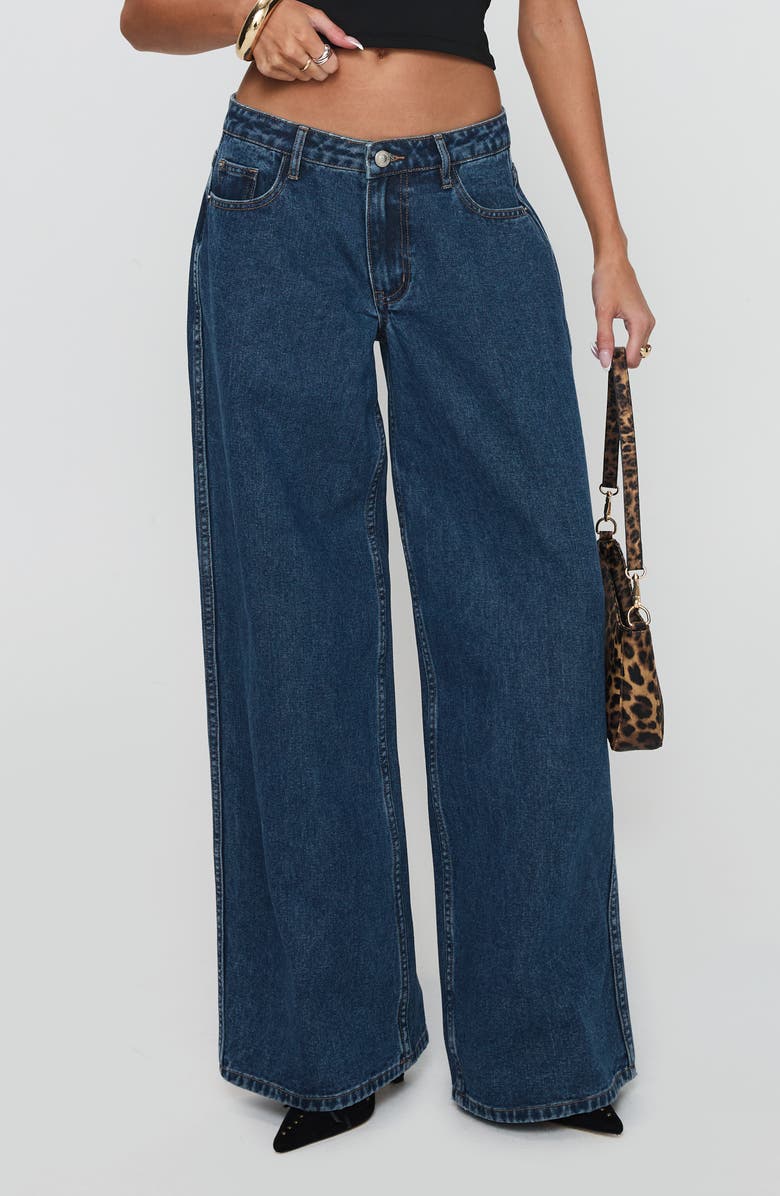 Princess Polly Ramos Low Rise Wide Leg Jeans, Main, color, Dark Blue Wash