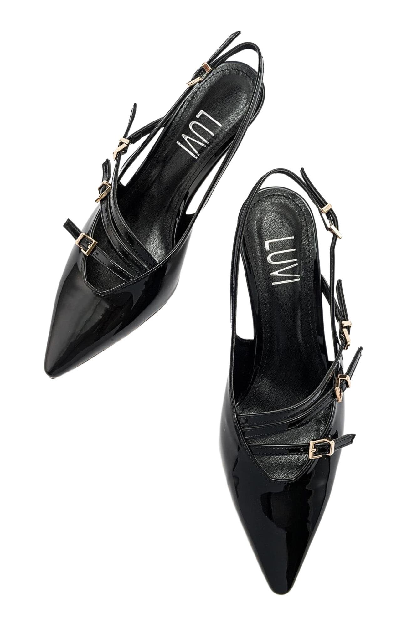 Prologue Shoes Magra Pointed-Toe Slingback Stiletto, Alternate, color, Black Patent Faux Leather