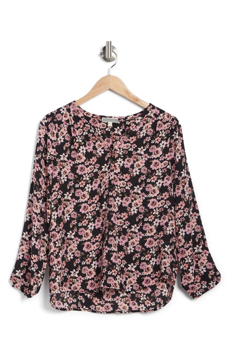 Pleione Floral V-Neck Shirred Long Sleeve Top, Alternate, color, 