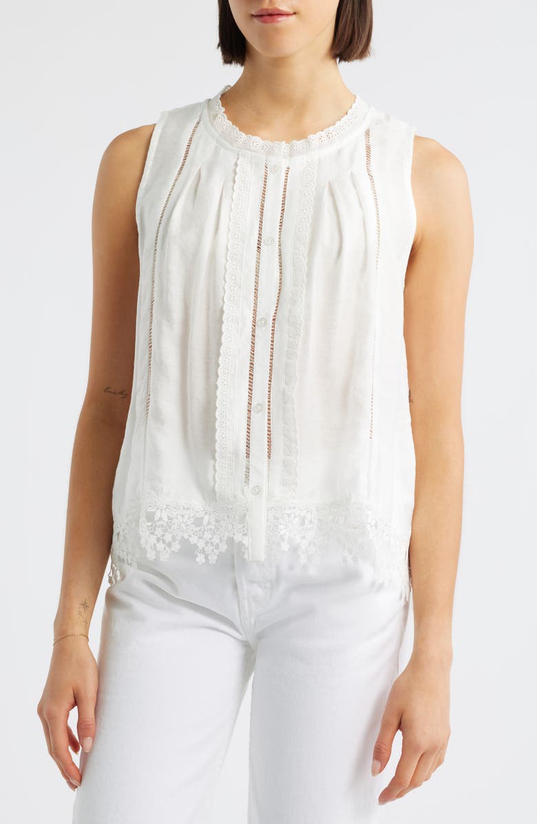 Bobeau Pleated Lace Sleeveless Top, Main, color, White
