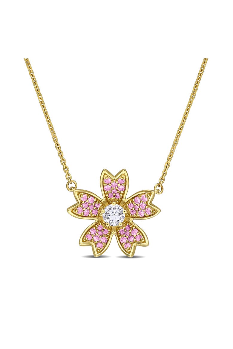 Lab Grown Diamond & Pink Sapphire Flower Necklace, Main, color, Yellow Gold