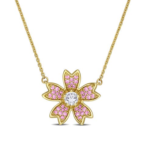 Lab Grown Diamond & Pink Sapphire Flower Necklace