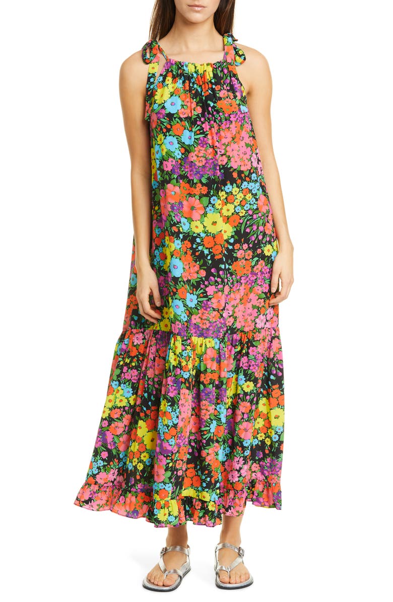 Les Rêveries Tie Strap Floral Silk Dress, Main, color, 