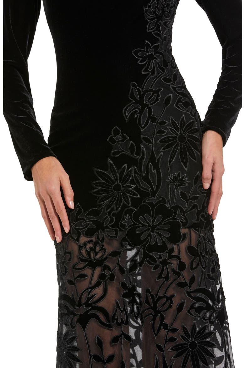 Long Sleeve Sheer Floral Embroidered Velvet Gown, Alternate, color, Black