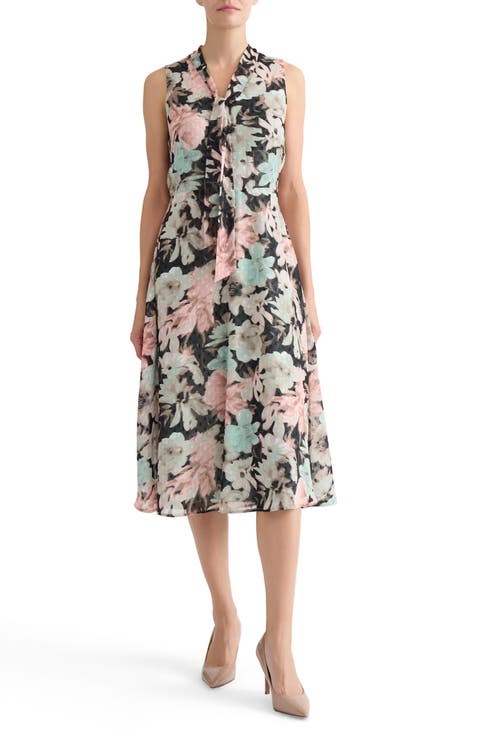 Floral Print Clip Dot Tie Neck Sleeveless Midi Dress