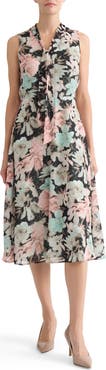 KASPER Floral Print Clip Dot Tie Neck Sleeveless Midi Dress