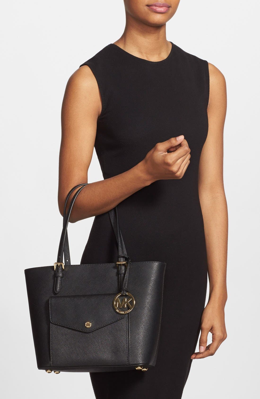 'Jet Set - Medium' Saffiano Leather Snap Pocket Tote (Nordstrom Exclusive), Alternate, color, BLACK
