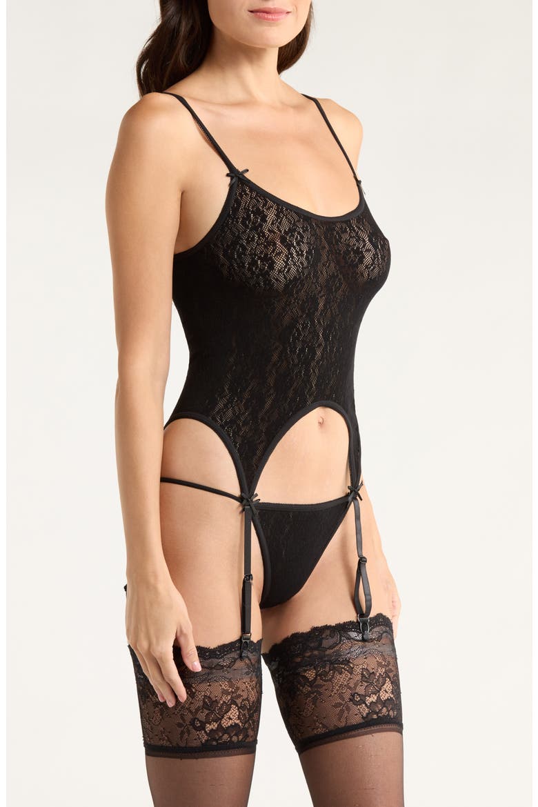 Cami Chic Lace Basque & G-String Set, Alternate, color, BLACK