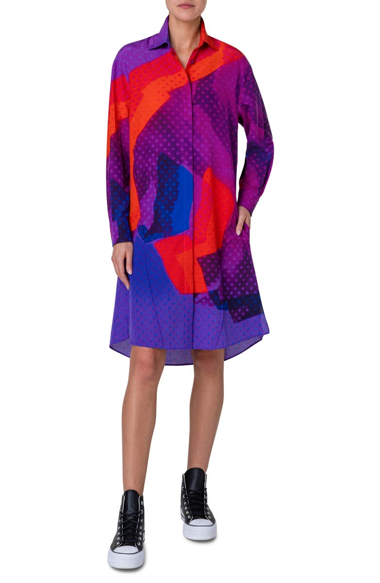 Akris Superimposition Print Long Sleeve Wool & Silk Voile Shirtdress, Main, color, 