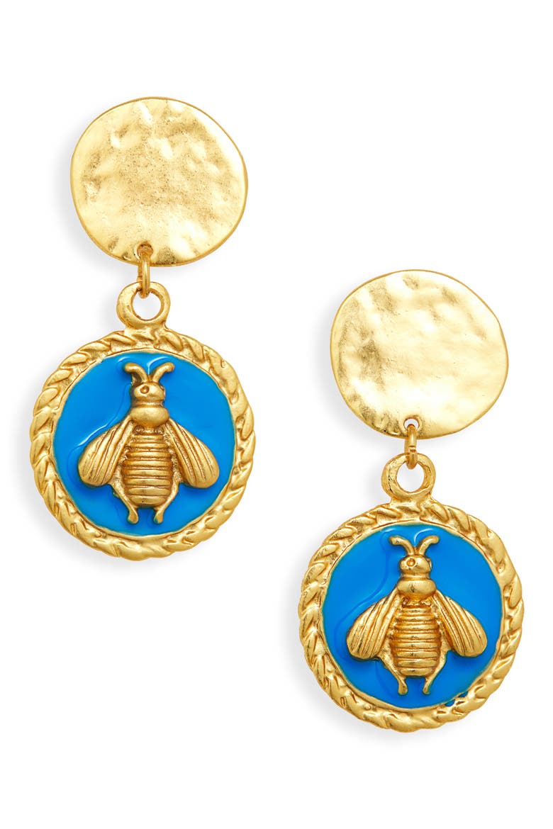 Bee Dangle Clip-On Earrings, Main, color, BLUE