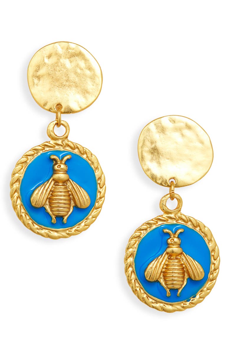 Karine Sultan Bee Dangle Clip-On Earrings, Main, color, Blue