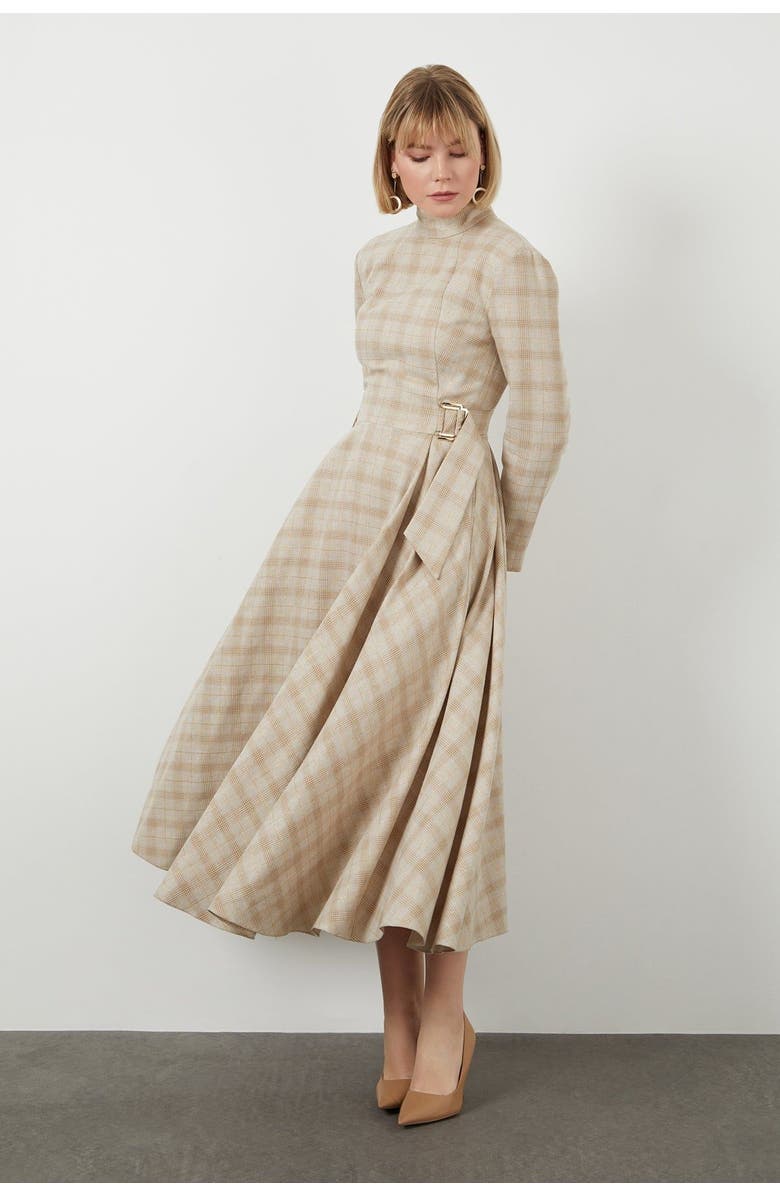 Gizia High Collar Buckle Belt Detail Midi Lined Beige Dress, Alternate, color, Beige