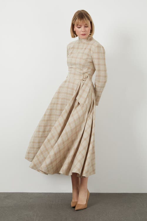 Gizia High Collar Buckle Belt Detail Midi Lined Beige Dress In Neutral