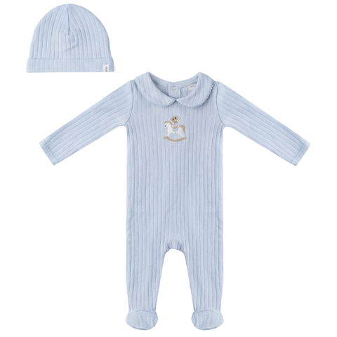 Boy Horse Bear Pointelle Knit Long Sleeve Romper and Hat Set
