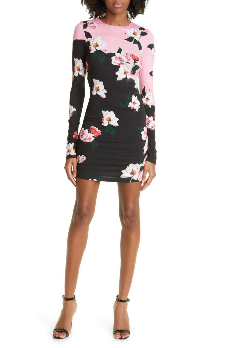 Alice + Olivia Delora Floral Long Sleeve Knit Minidress, Main, color, 
