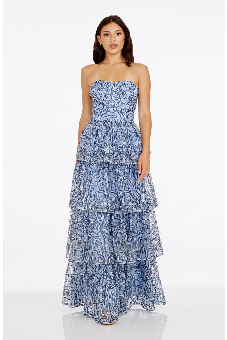 Aubriella Beaded Floral Strapless Tiered Gown, Alternate, color, MINERAL BLUE MULTI