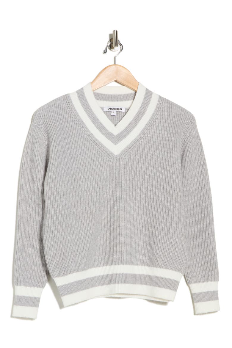 Varsity Stripe V-Neck Sweater, Alternate, color, HEATHER GREY/ CREME