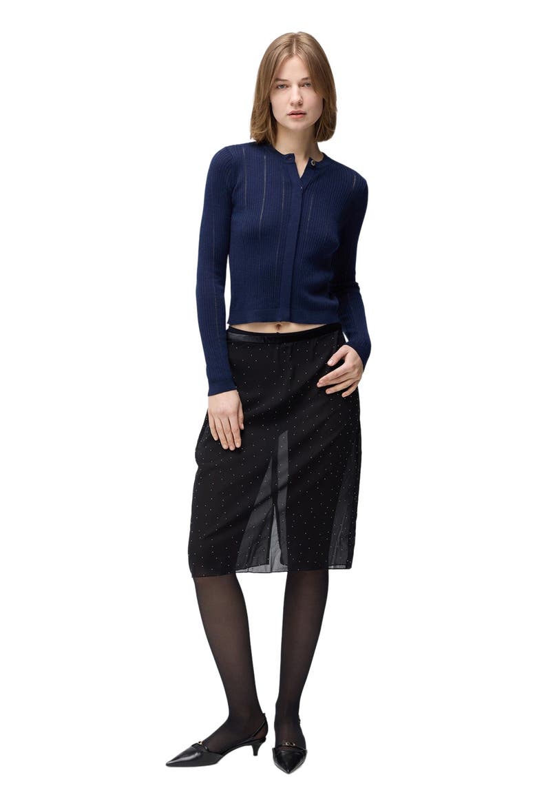 Hidden Button-Front Cashmere Silk Cardigan, Alternate, color, mood indigo