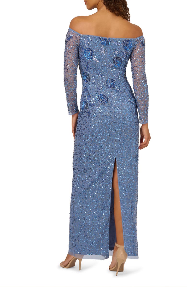 Adrianna Papell Beaded Off the Shoulder Long Sleeve Mesh Column Gown, Alternate, color, 