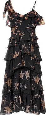 AllSaints Sienna Cold Shoulder Ruffle Tiered High-Low Dress