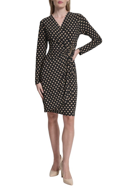 Faux Wrap Drape Long Sleeve Sheath Dress