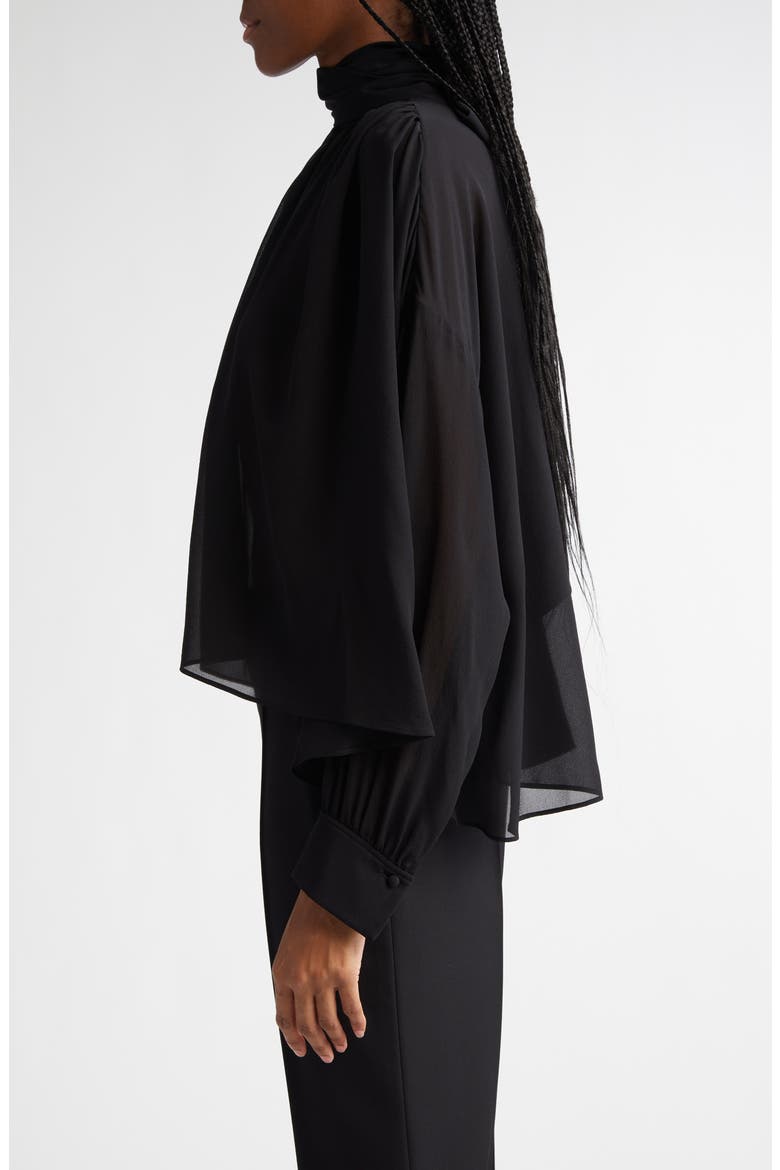 Draped Semisheer Silk Georgette Tie Neck Top, Alternate, color, BLACK