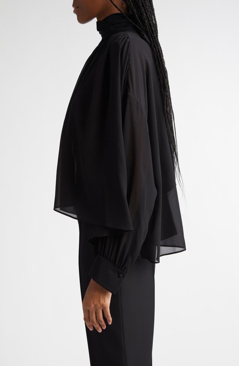 Chloé Draped Semisheer Silk Georgette Tie Neck Top, Alternate, color, Black