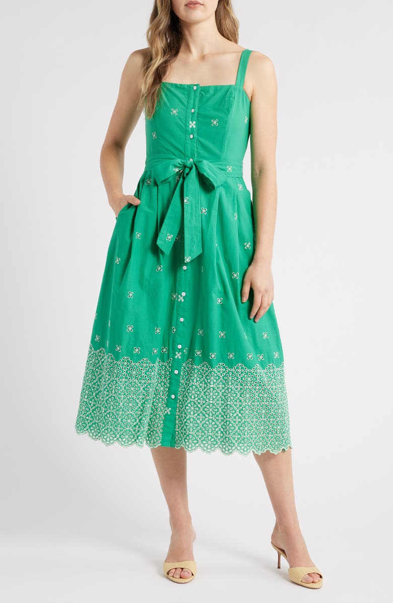 Julia Jordan Embroidered Cotton Midi Sundress, Main, color, Green