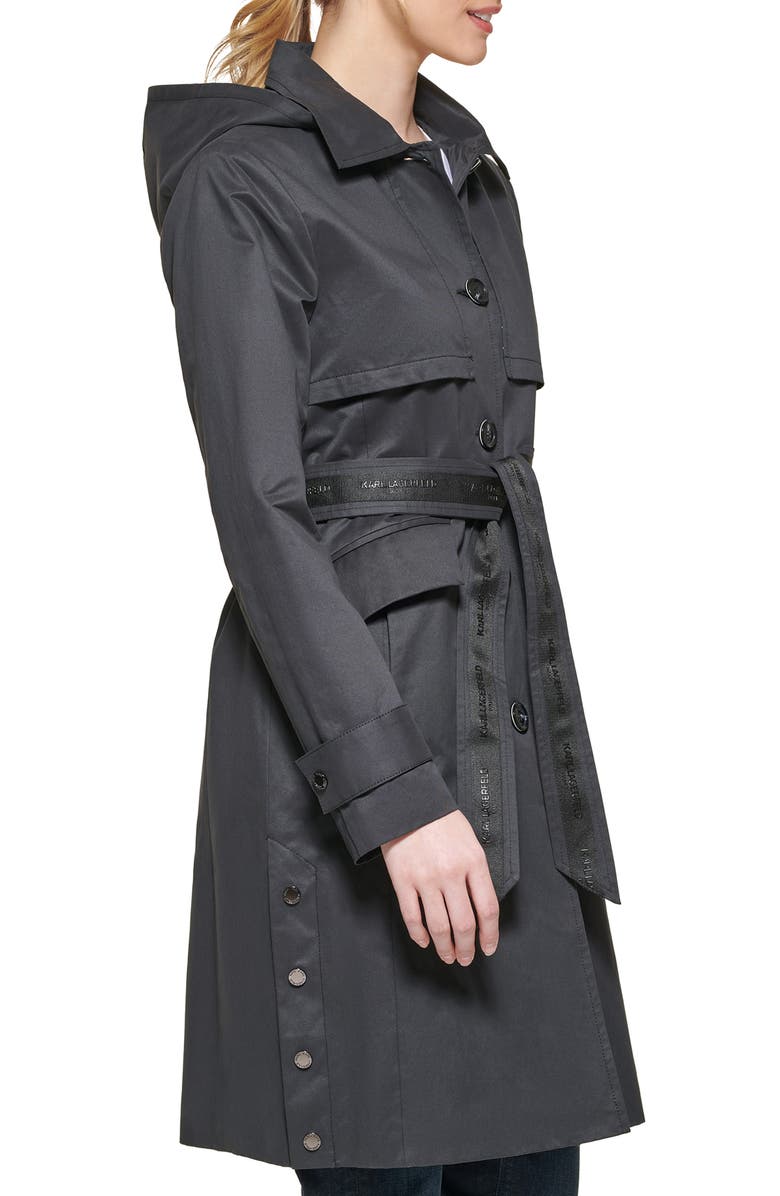 KARL LAGERFELD PARIS Logo Tape Cotton Blend Trench Coat with Removable Hood, Alternate, color,