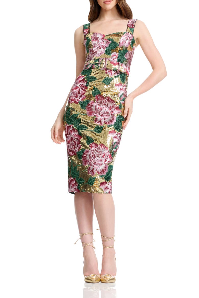 Nicole Sequin Floral Embroidered Cocktail Midi Dress, Main, color, GOLD MULTI