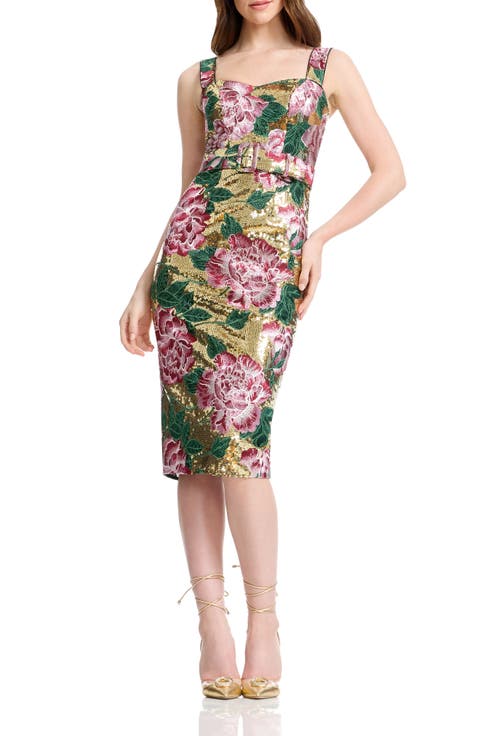 Nicole Sequin Floral Embroidered Cocktail Midi Dress