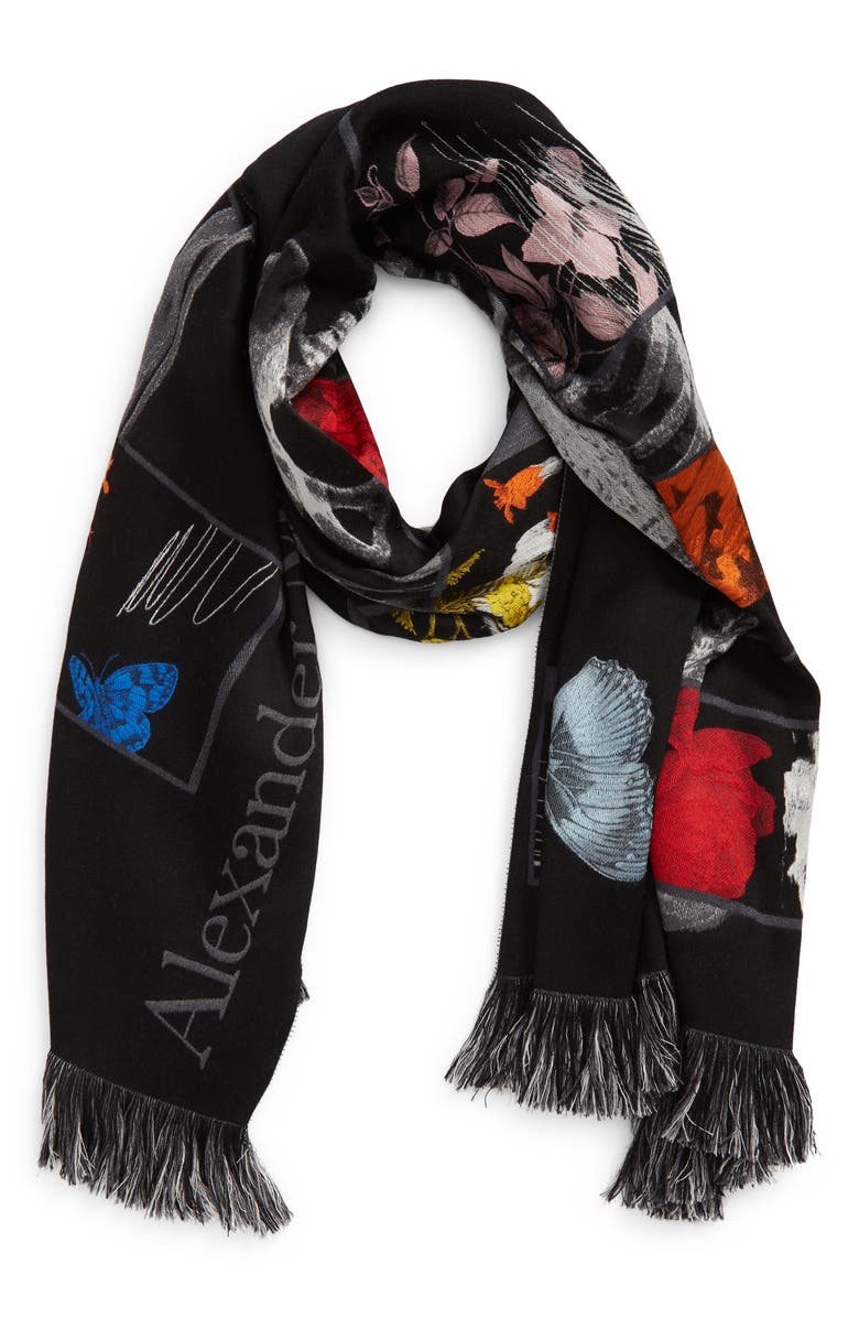 McQueen Botanical Embroidered Floral Fringe Trim Wool Blend Scarf, Main, color, 
