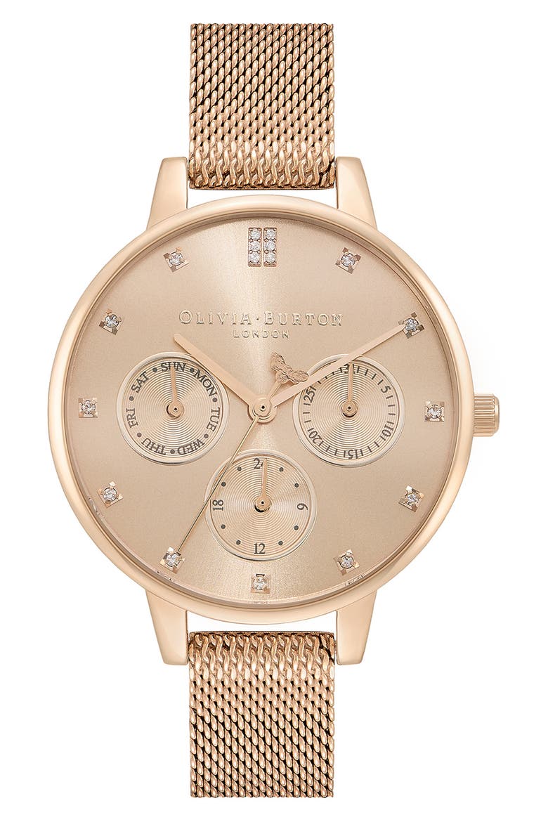 Multifunction Mesh Strap Watch, 34mm, Main, color, CARNATION GOLD