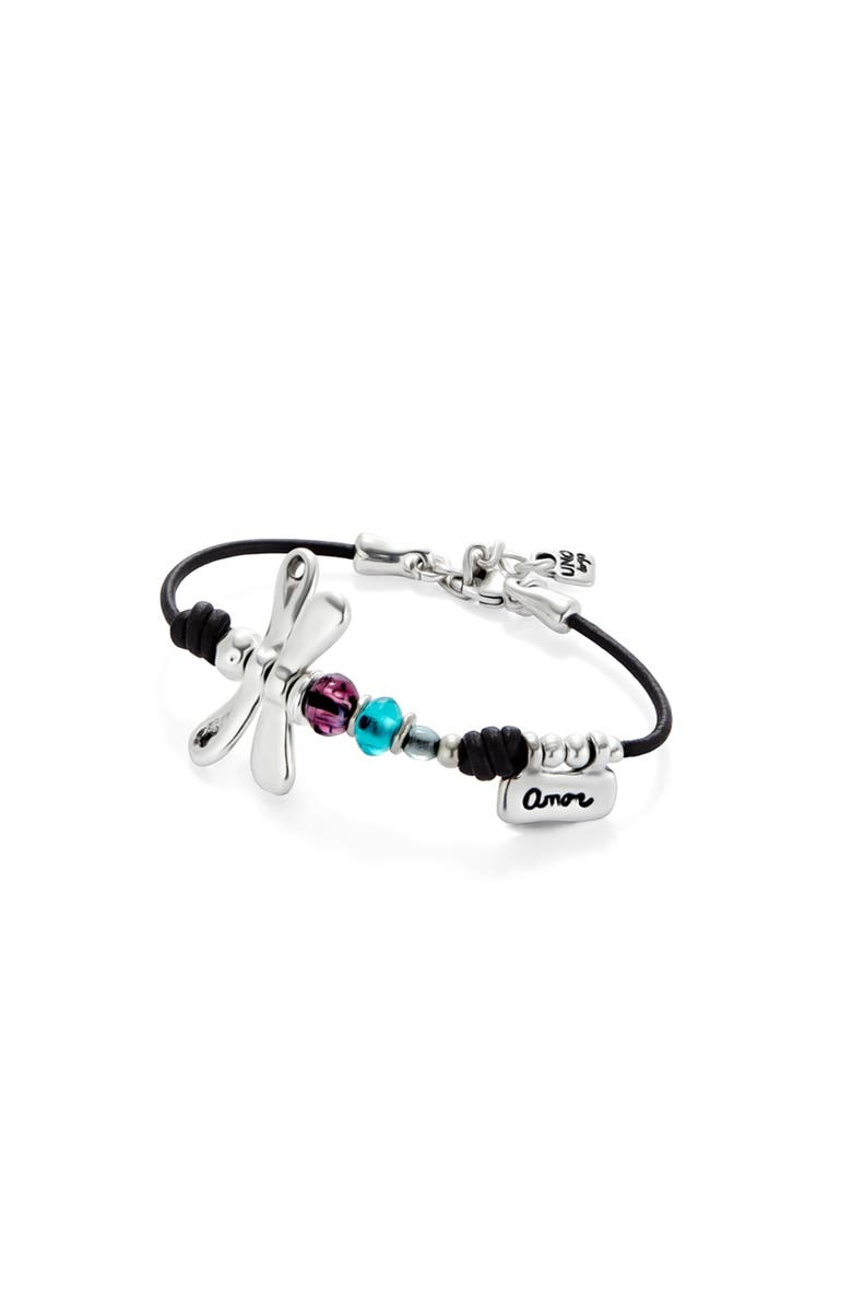 UNODE50 Dragonfly Charm Leather Bracelet, Main, color, Silver