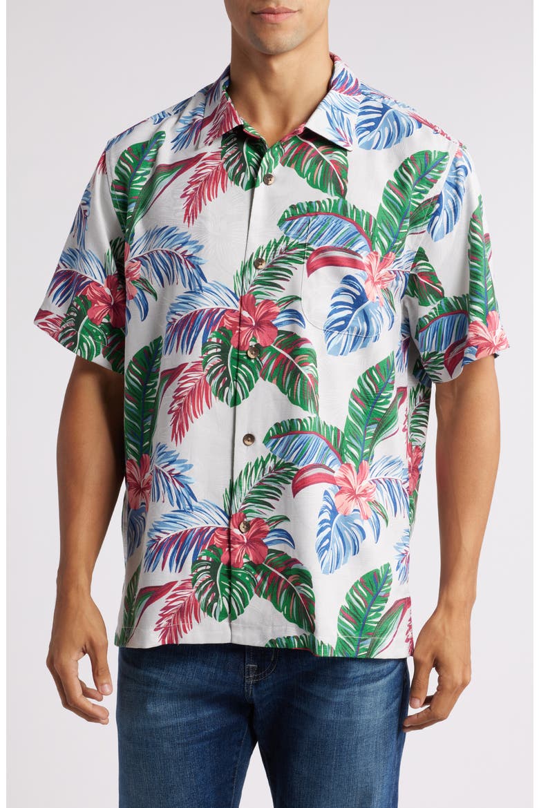 Frond Fusion Short Sleeve Silk Blend Button-Up Shirt, Main, color, BREEZE