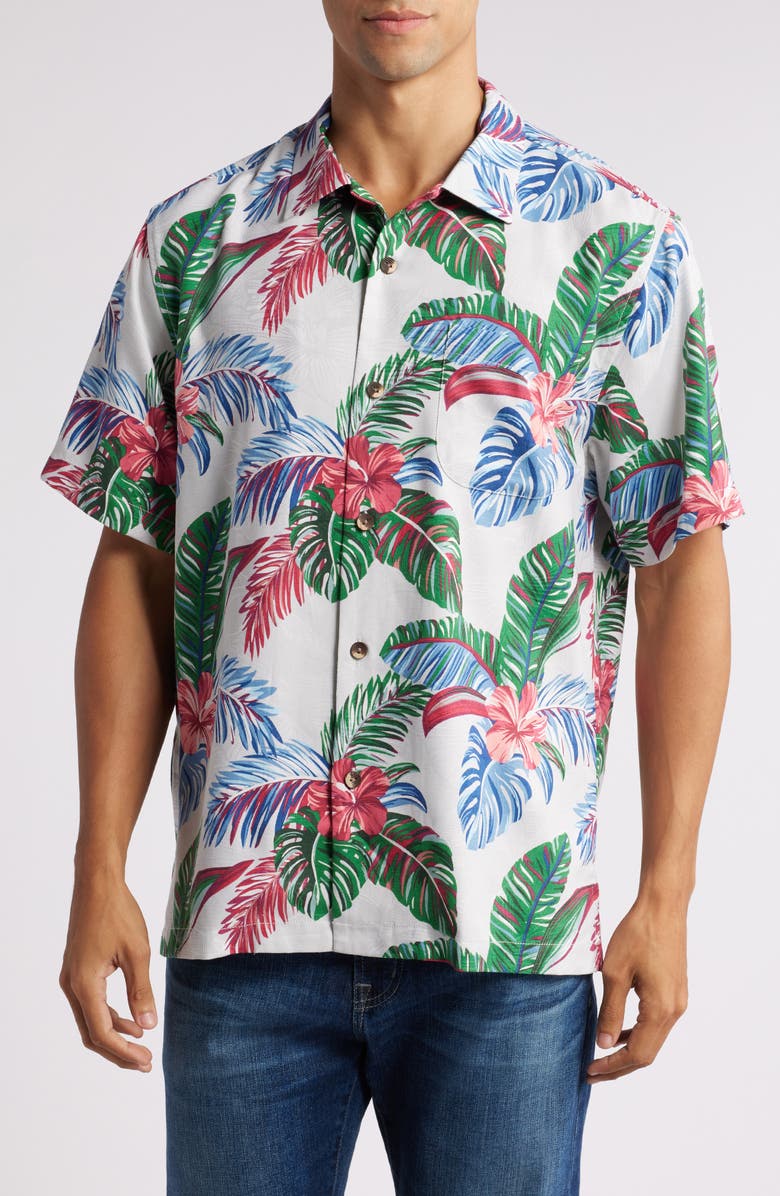 Tommy Bahama Frond Fusion Short Sleeve Silk Blend Button-Up Shirt, Main, color, Breeze