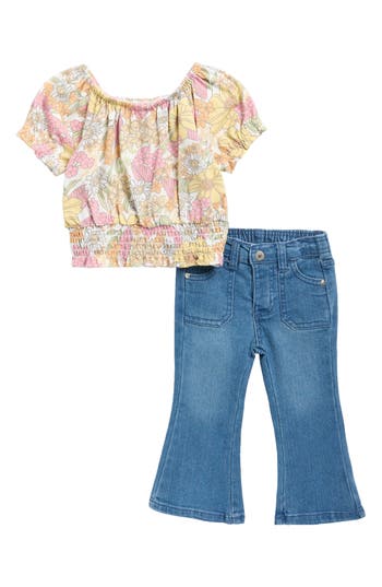 Jessica Simpson Babies'  Playwear Floral Top & Flare Jeans Set In Pink