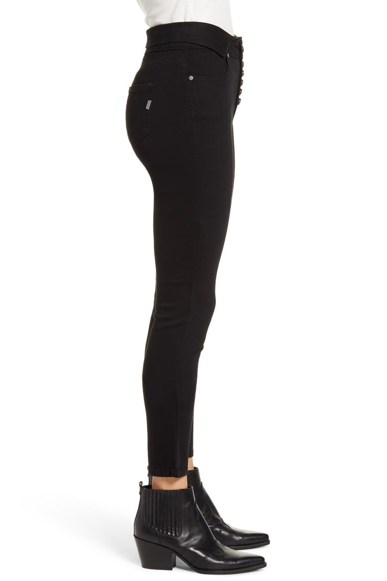 Fold Over Waist Ankle Skinny Jeans, Alternate, color, BLACK