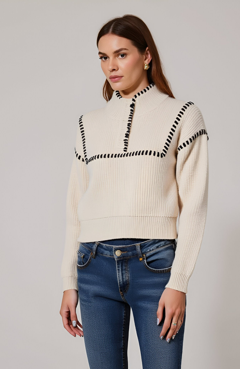 Modenaire Cropped Sweater with Whipstitch Detail, Alternate, color, Cream