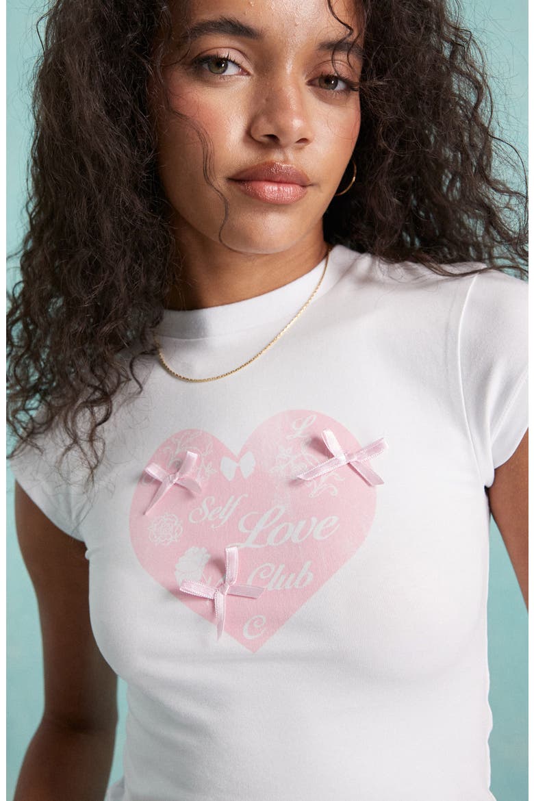 Self Love Club Bow Graphic Baby Tee, Alternate, color, WHITE