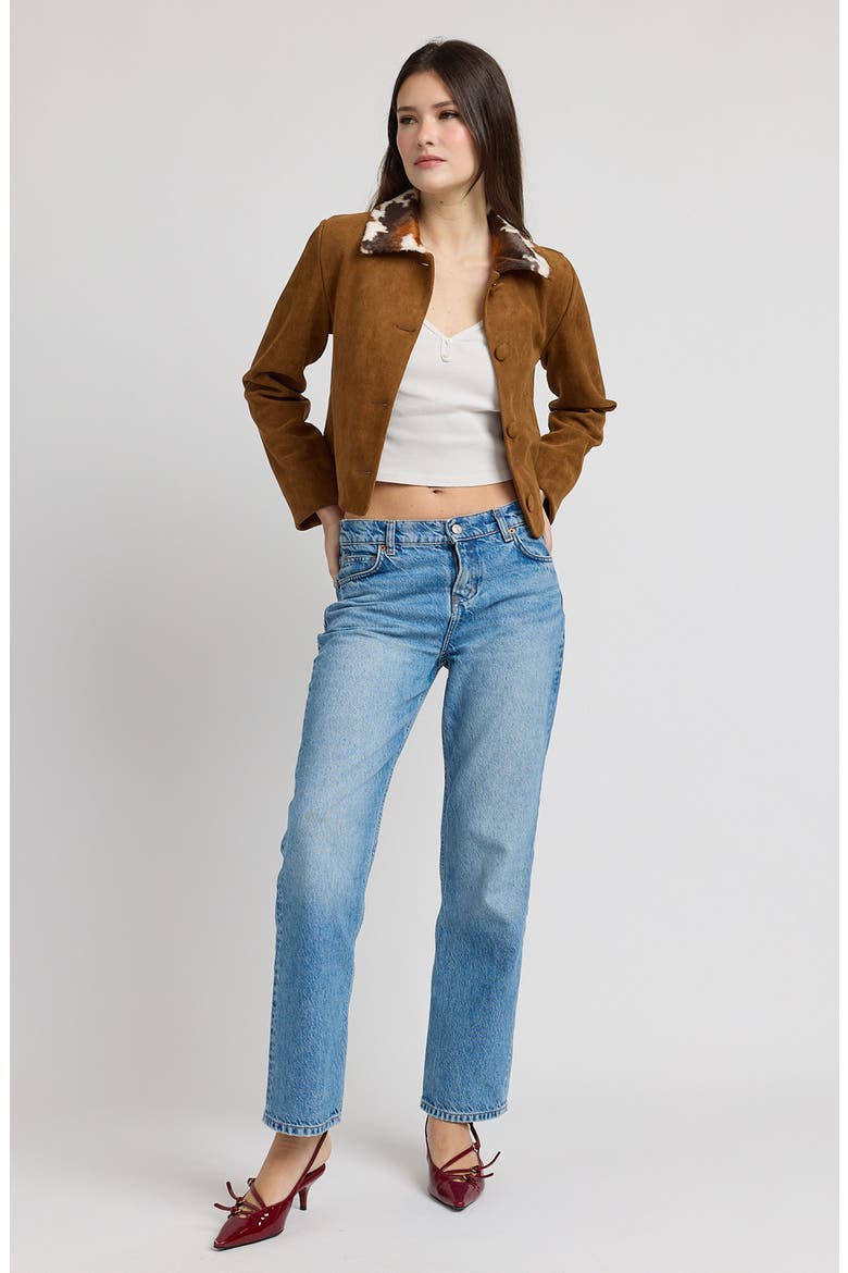 Yumi Faux Suede Jacket with Faux Fur Collar, Alternate, color, BROWN MULTI