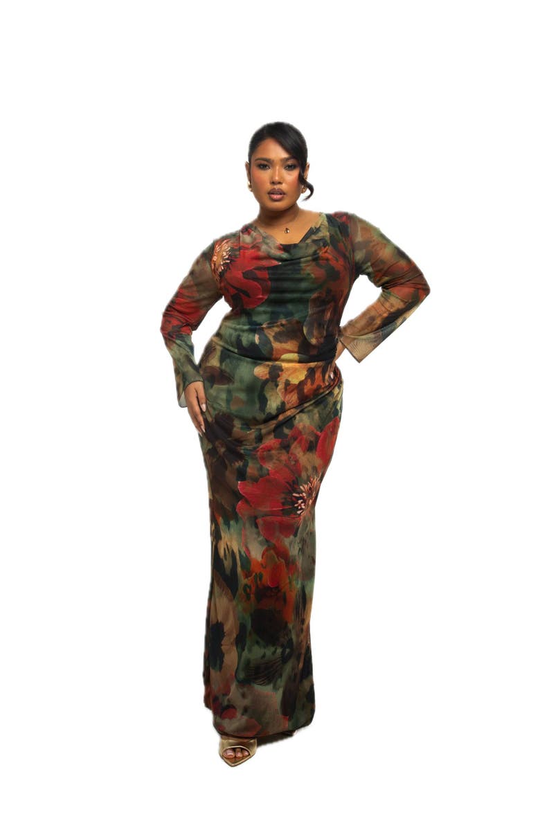 FASHION-SZN CURVE Plus Size Floral Print Mesh Maxi Dress, Main, color, Khaki