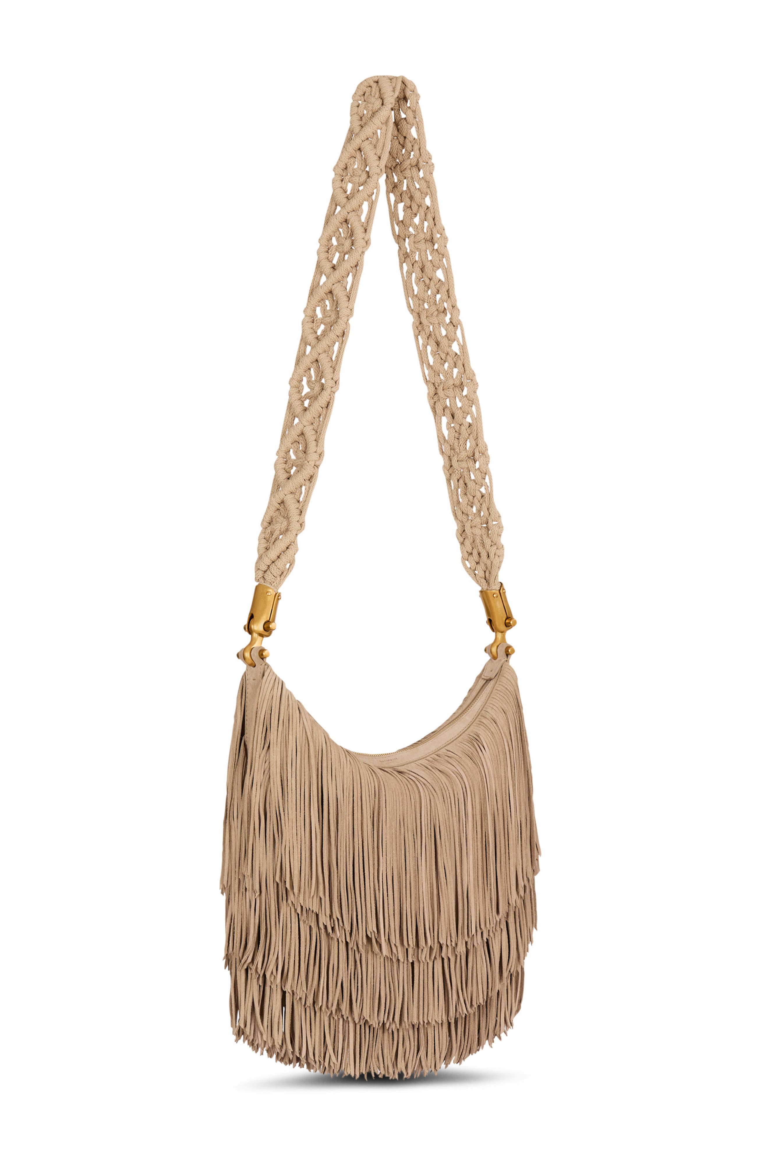 Balmain Ebene Hobo fringed suede bag, Alternate, color, Beige