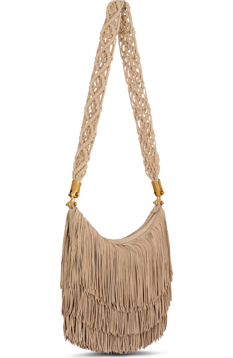Balmain Ebene Hobo fringed suede bag, Alternate, color, Beige