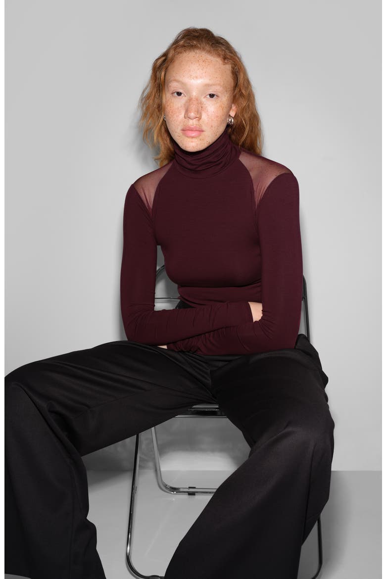 Maria Sheer Shoulder Turtleneck Top, Alternate, color, BURGUNDY